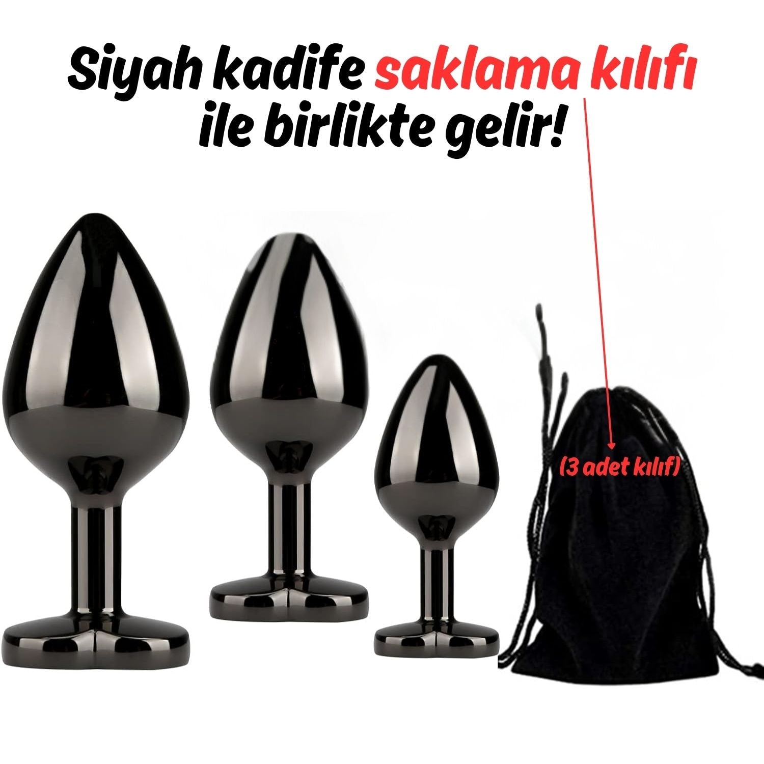 Başlangıç ve İleri Seviye Genişletmek İçin 3 Farklı Boyutta Mor Mücevher Taşlı Metal Anal Plug Eğitim Set - Siyah