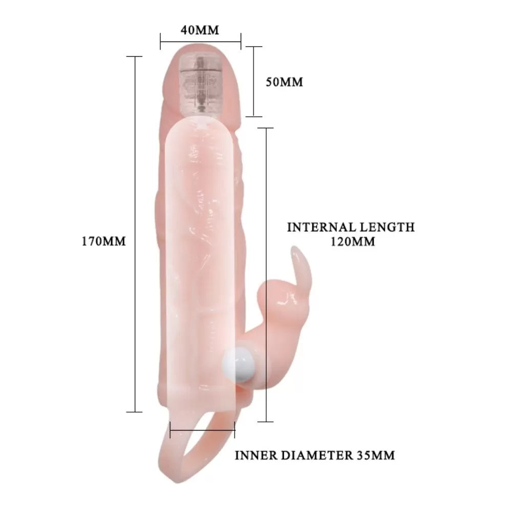 Brave Man - Uzatmalı Klitoris ve G-Spot Uyarıcı Titreşimli 2 in 1 Silikon Penis Kılıfı - Ten Rengi