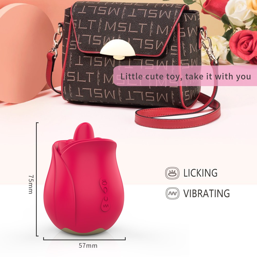 Rose - Şarjlı Güçlü Titreşimli ve Dil Yalama Hareketli Klitoris Uyarıcı Gül Şeklinde Taşınabilir Mini Vibratör