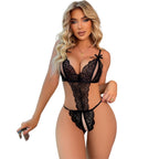 Fantezi İç Giyim Seksi İç Çamaşırı Dantel Fiyonklu İp Detaylı Bodysuit Erotik Gecelik Siyah - 8457