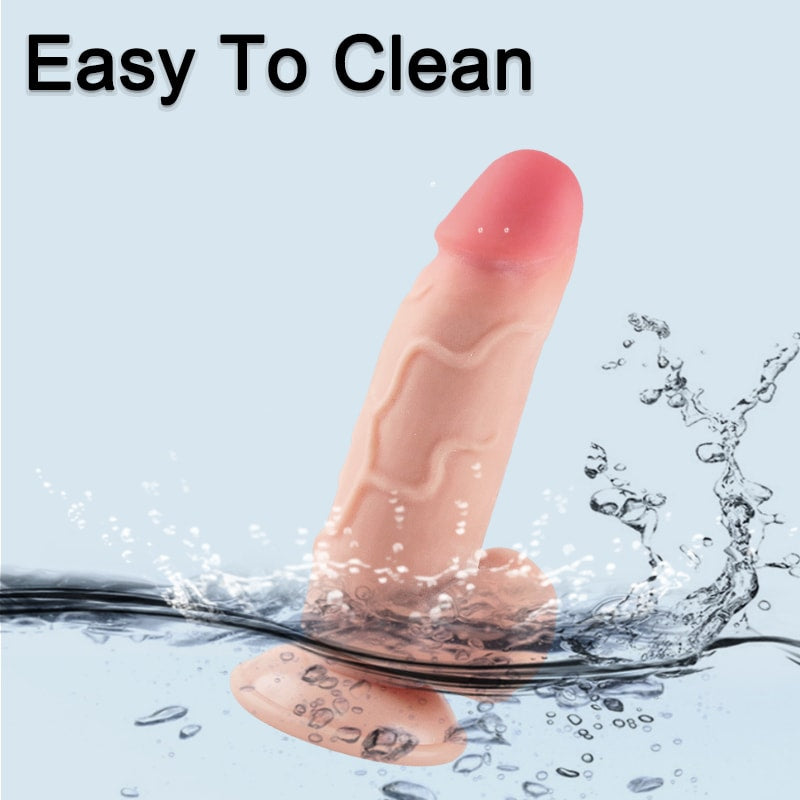 Hareketli Kayar Deri Çift Katmanlı Realistik Dildo Ultra Yumuşak Kalın Gerçekçi Yapay Penis 16x4 CM