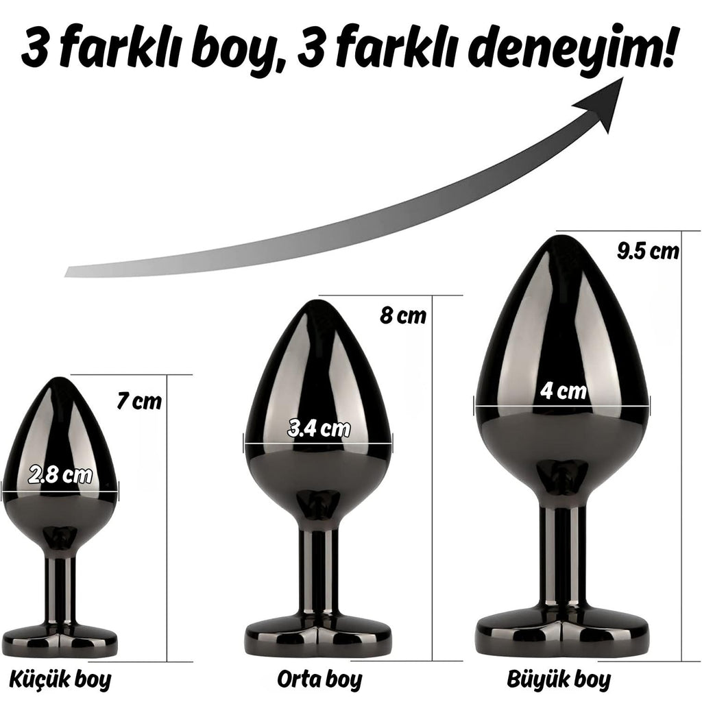 Başlangıç ve İleri Seviye Genişletmek İçin 3 Farklı Boyutta Mor Mücevher Taşlı Metal Anal Plug Eğitim Set - Siyah