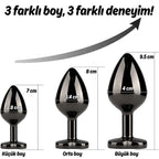 Başlangıç ve İleri Seviye Genişletmek İçin 3 Farklı Boyutta Mor Mücevher Taşlı Metal Anal Plug Eğitim Set - Siyah