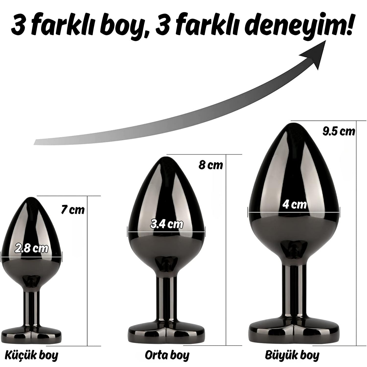 Başlangıç ve İleri Seviye Genişletmek İçin 3 Farklı Boyutta Mor Mücevher Taşlı Metal Anal Plug Eğitim Set - Siyah