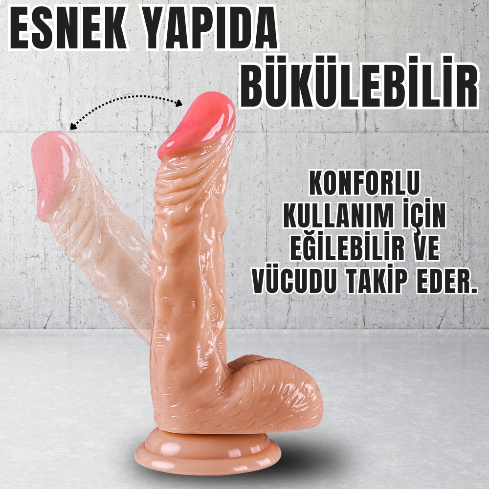 Güçlü Vantuzlu Eğik ve Damarlı Realistik Dildo Gerçekçi Yapay Penis 18x3.5 CM